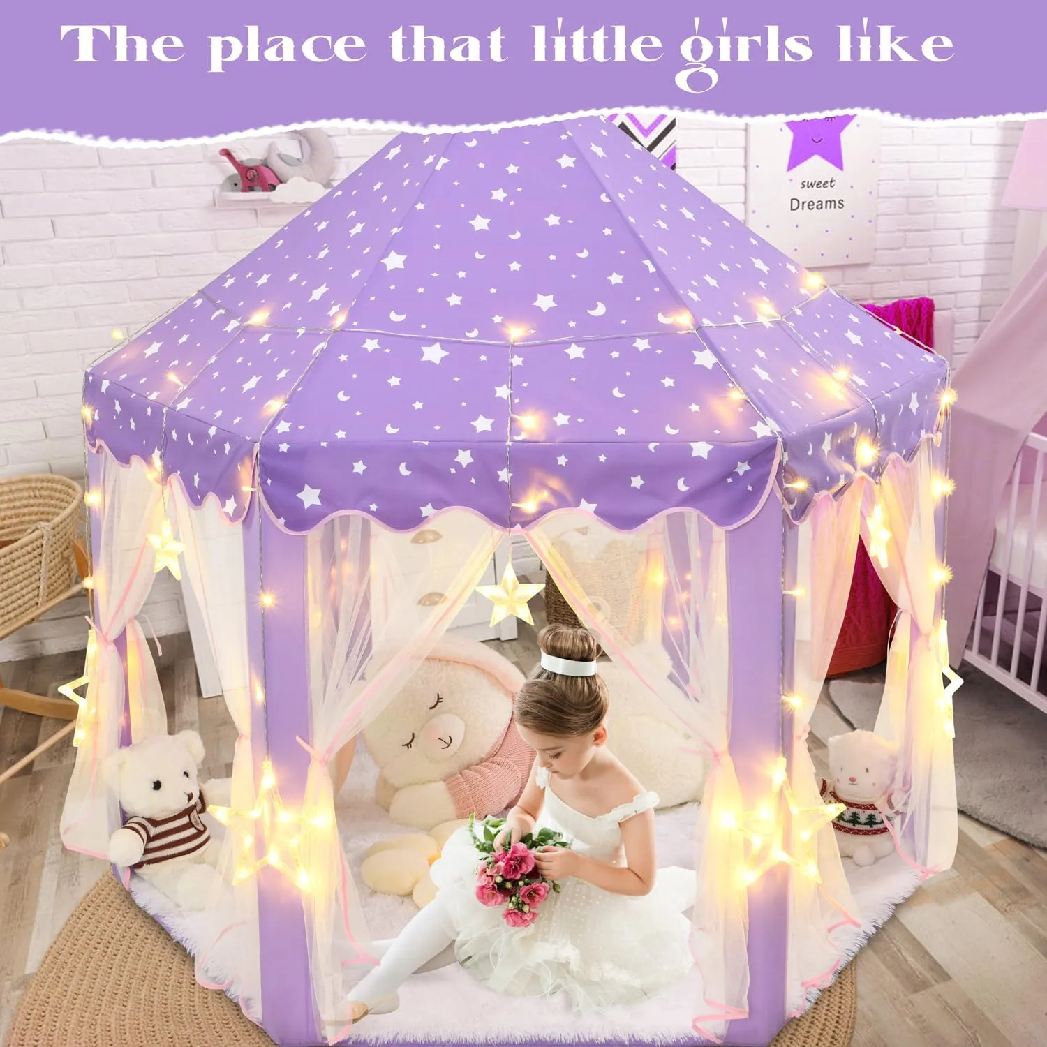 Large Star rim instinctual manipulate hypocritical Lights, Castle Playhouse Tent for Children Toddlers Indoor Outdoor Games, 55��53 Inches Purple Princess Tent for Girls, Kids Play Tent with LED 