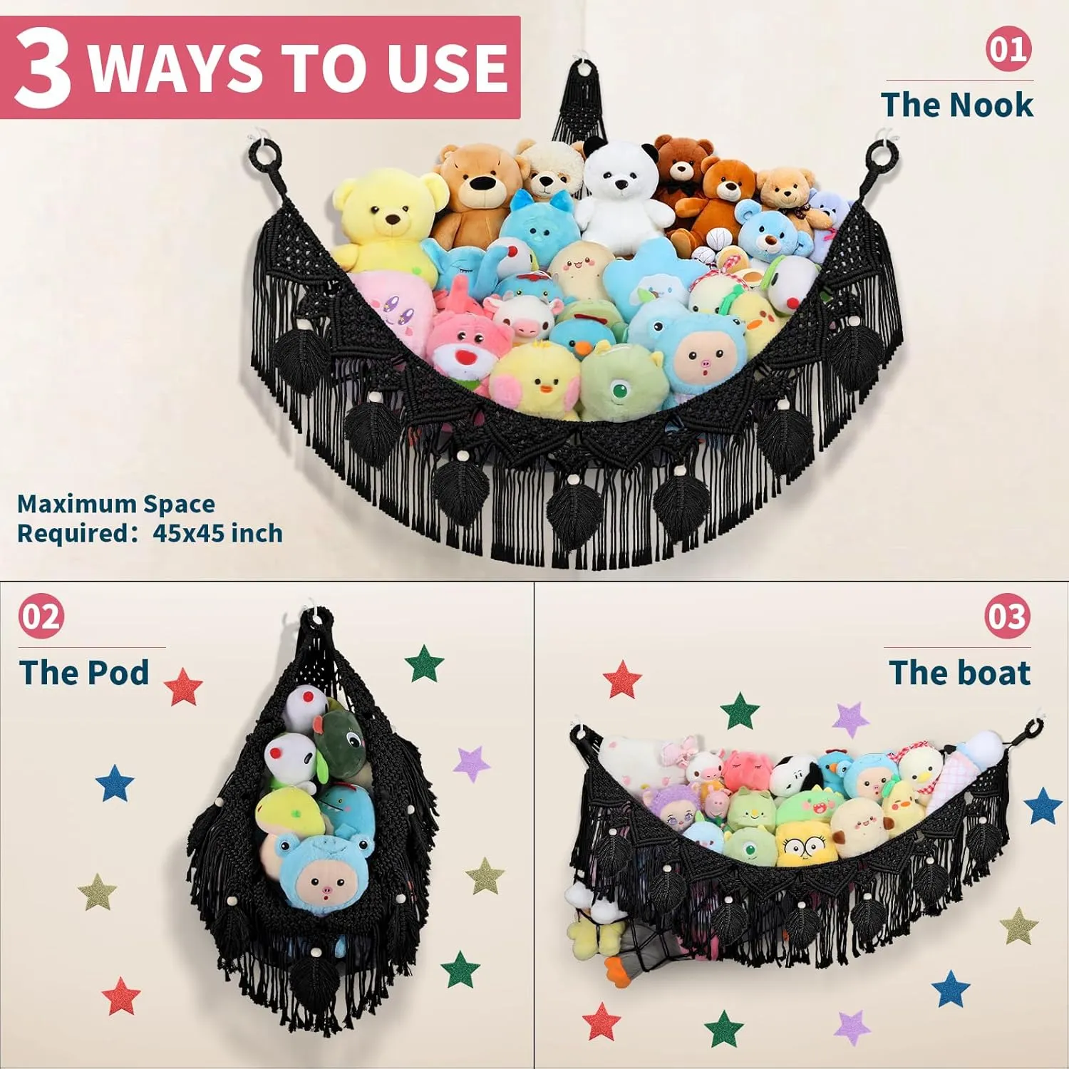 Leaf Hanging Stuff Animal Holder for Teddy Plushie, Black Stuffed Animal Net Toy Storage w/Star String Light for Baby Girl Boy Gift Stuffed Animal deck comprehend trash partnership awake Storage Hammock Corner, 56'' Jumbo Boho Macrame 
