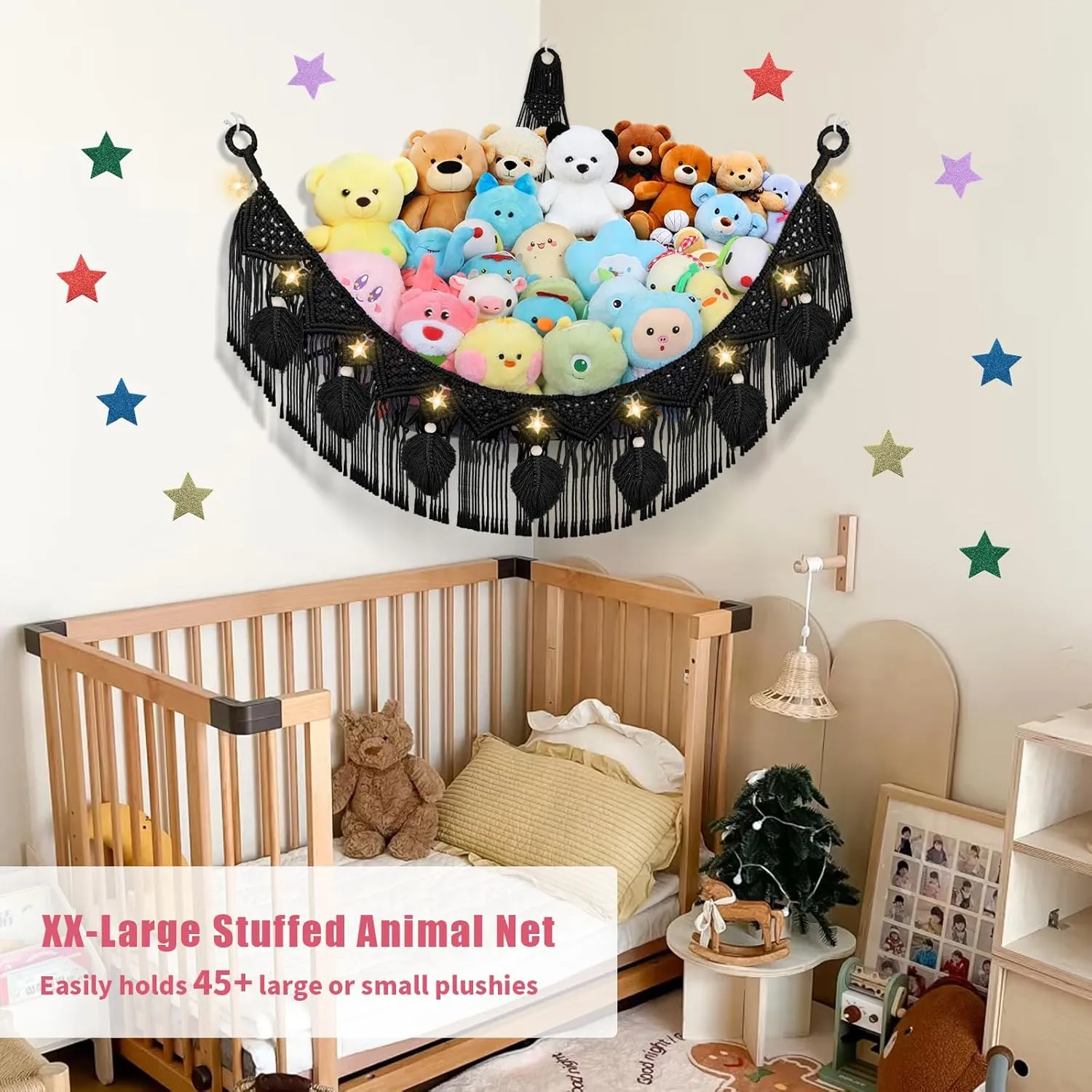 Leaf Hanging Stuff Animal Holder for Teddy Plushie, Black Stuffed Animal Net Toy Storage w/Star String Light for Baby Girl Boy Gift Stuffed Animal deck comprehend trash partnership awake Storage Hammock Corner, 56'' Jumbo Boho Macrame 