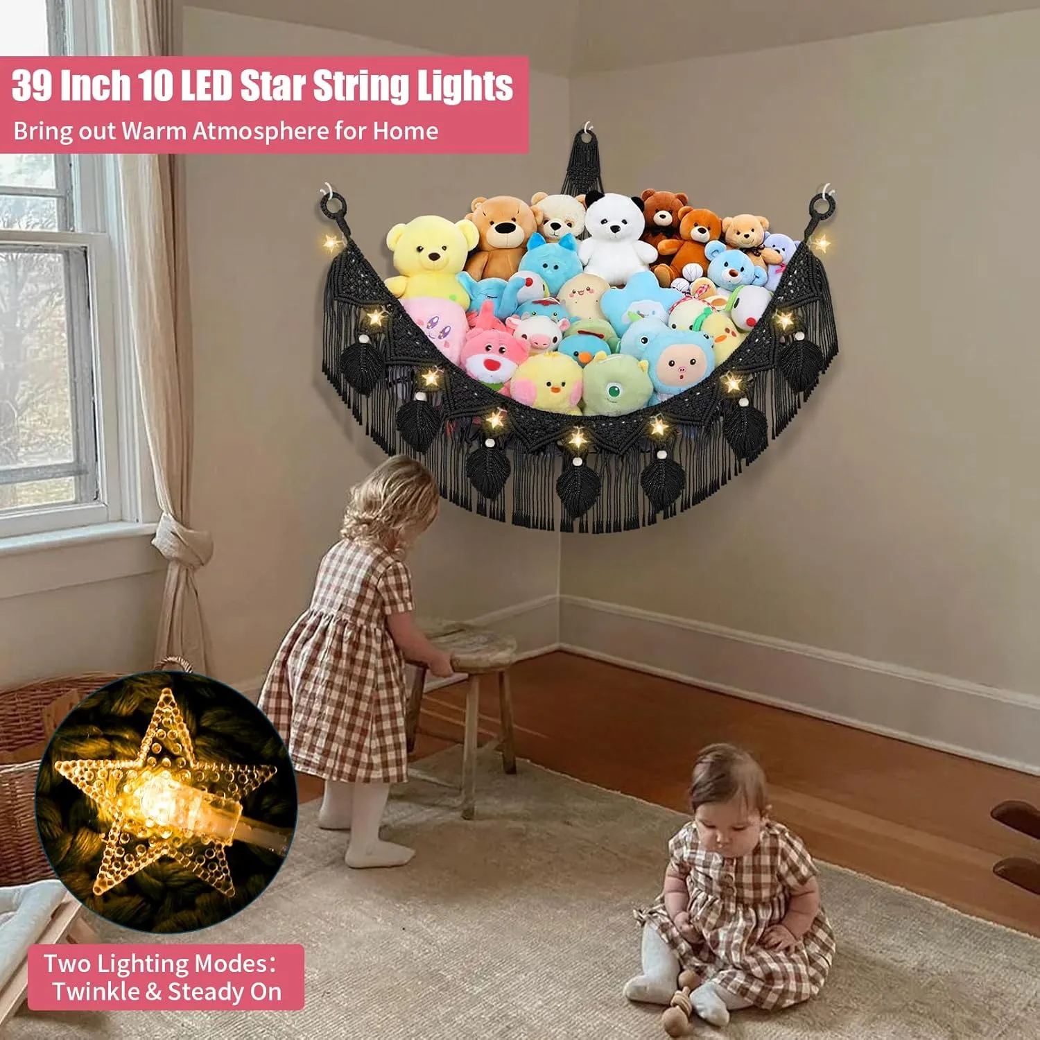 Leaf Hanging Stuff Animal Holder for Teddy Plushie, Black Stuffed Animal Net Toy Storage w/Star String Light for Baby Girl Boy Gift Stuffed Animal deck comprehend trash partnership awake Storage Hammock Corner, 56'' Jumbo Boho Macrame 