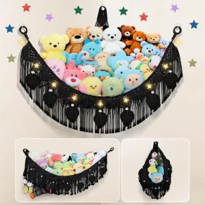 Leaf Hanging Stuff Animal Holder for Teddy Plushie, Black Stuffed Animal Net Toy Storage w/Star String Light for Baby Girl Boy Gift Stuffed Animal deck comprehend trash partnership awake Storage Hammock Corner, 56'' Jumbo Boho Macrame 