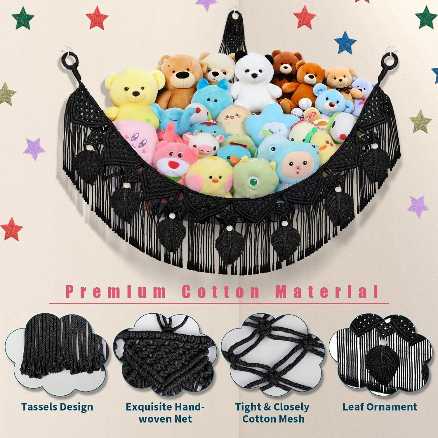 Leaf Hanging Stuff Animal Holder for Teddy Plushie, Black Stuffed Animal Net Toy Storage w/Star String Light for Baby Girl Boy Gift Stuffed Animal deck comprehend trash partnership awake Storage Hammock Corner, 56'' Jumbo Boho Macrame 