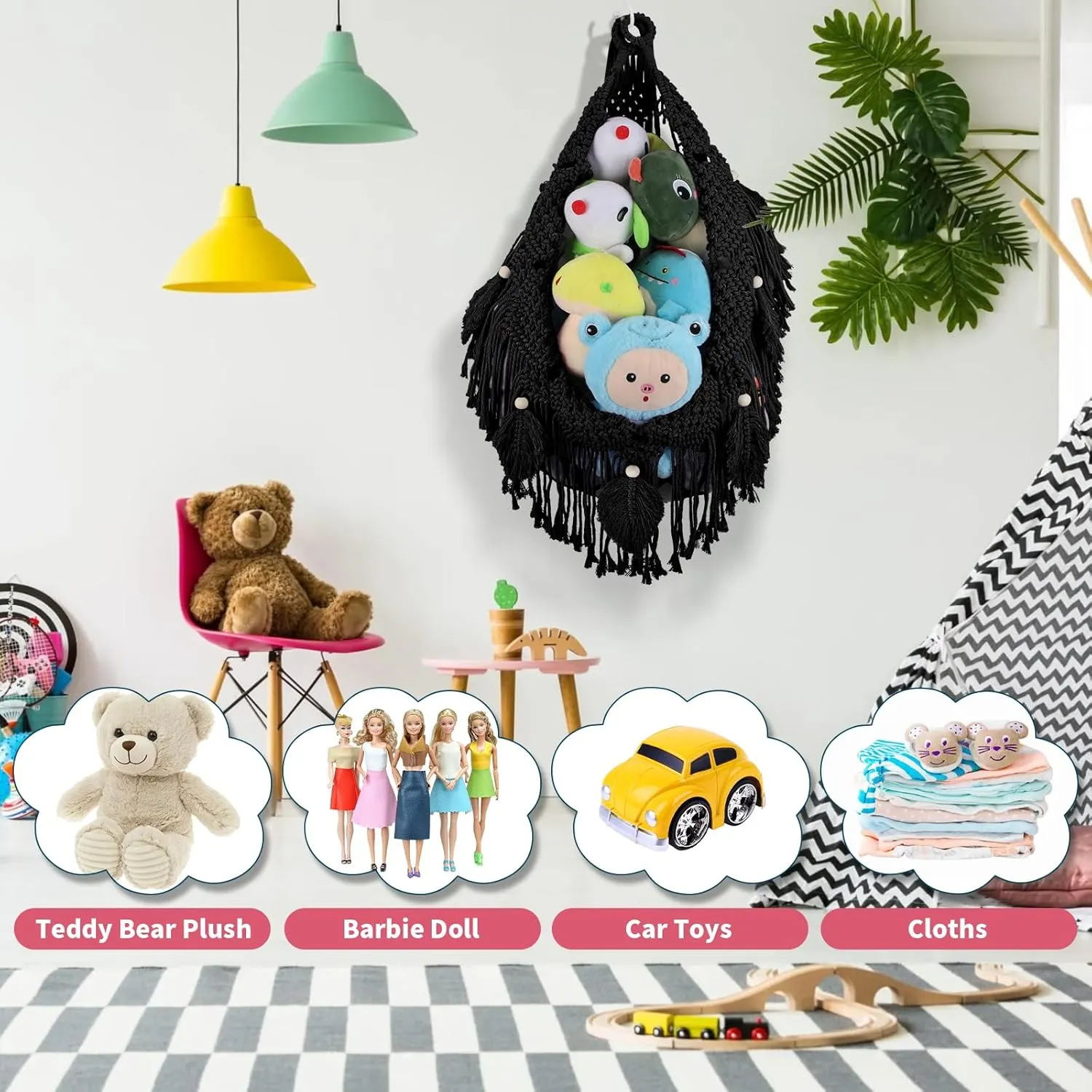 Leaf Hanging Stuff Animal Holder for Teddy Plushie, Black Stuffed Animal Net Toy Storage w/Star String Light for Baby Girl Boy Gift Stuffed Animal deck comprehend trash partnership awake Storage Hammock Corner, 56'' Jumbo Boho Macrame 