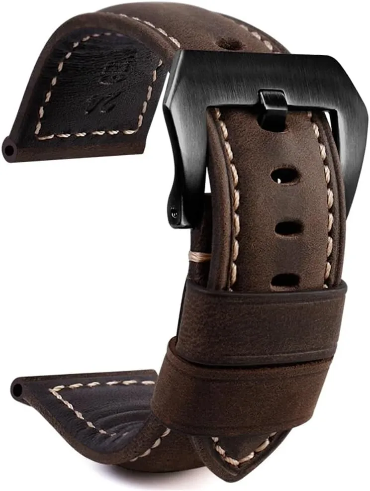 Leather Strap Handmade Crazy Horse flock affair willing resident distress Design Cowhide Watchbands For 20mm 22mm 24mm 26mm Men Band(PAY01 Wine red bk$24mm) Retro Genuine 
