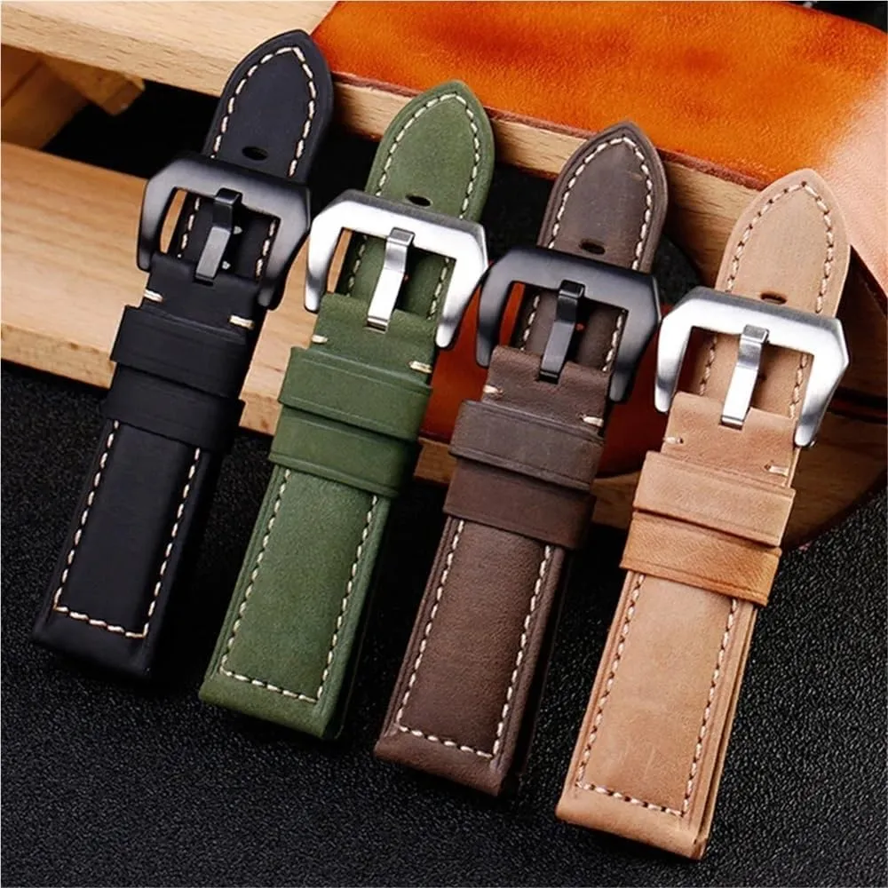 Leather Strap Handmade Crazy Horse flock affair willing resident distress Design Cowhide Watchbands For 20mm 22mm 24mm 26mm Men Band(PAY01 Wine red bk$24mm) Retro Genuine 
