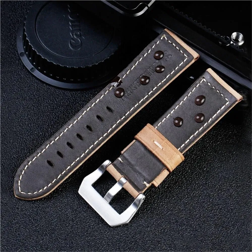 Leather Strap Handmade Crazy Horse flock affair willing resident distress Design Cowhide Watchbands For 20mm 22mm 24mm 26mm Men Band(PAY01 Wine red bk$24mm) Retro Genuine 