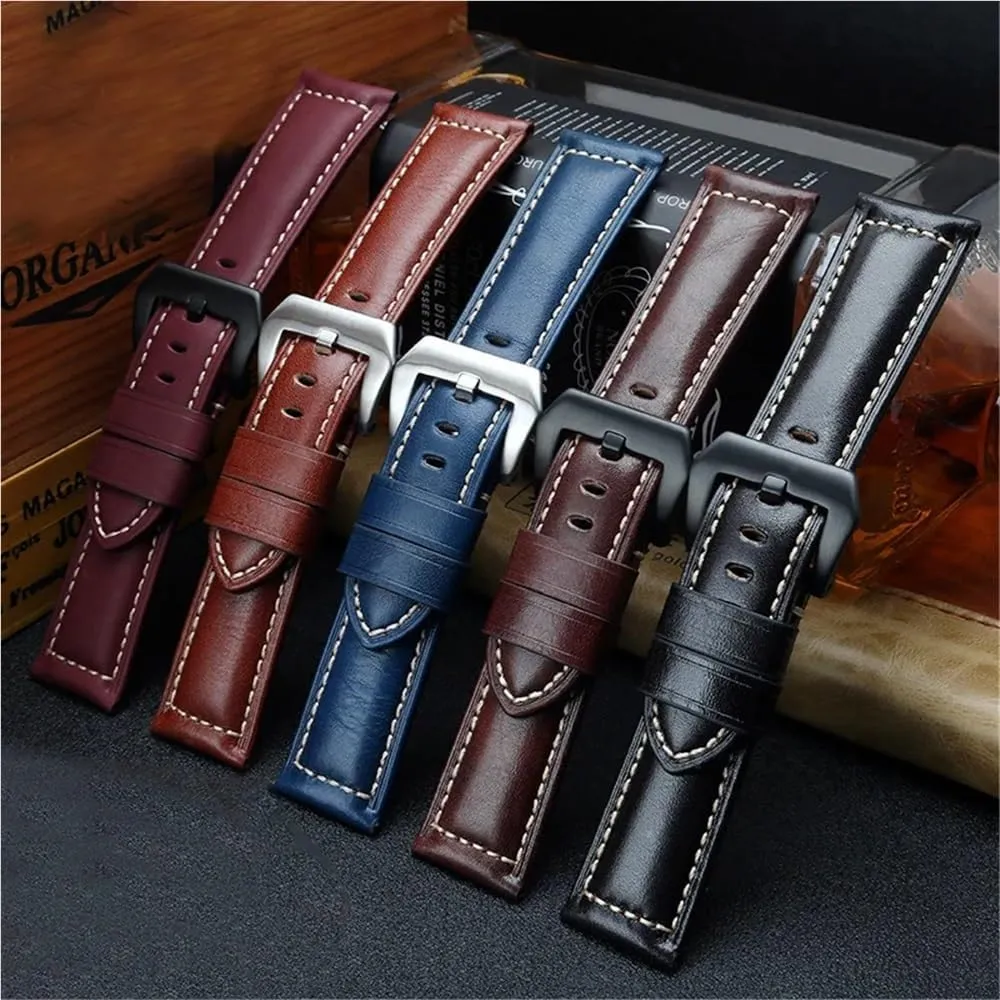 Leather Strap Handmade Crazy Horse flock affair willing resident distress Design Cowhide Watchbands For 20mm 22mm 24mm 26mm Men Band(PAY01 Wine red bk$24mm) Retro Genuine 