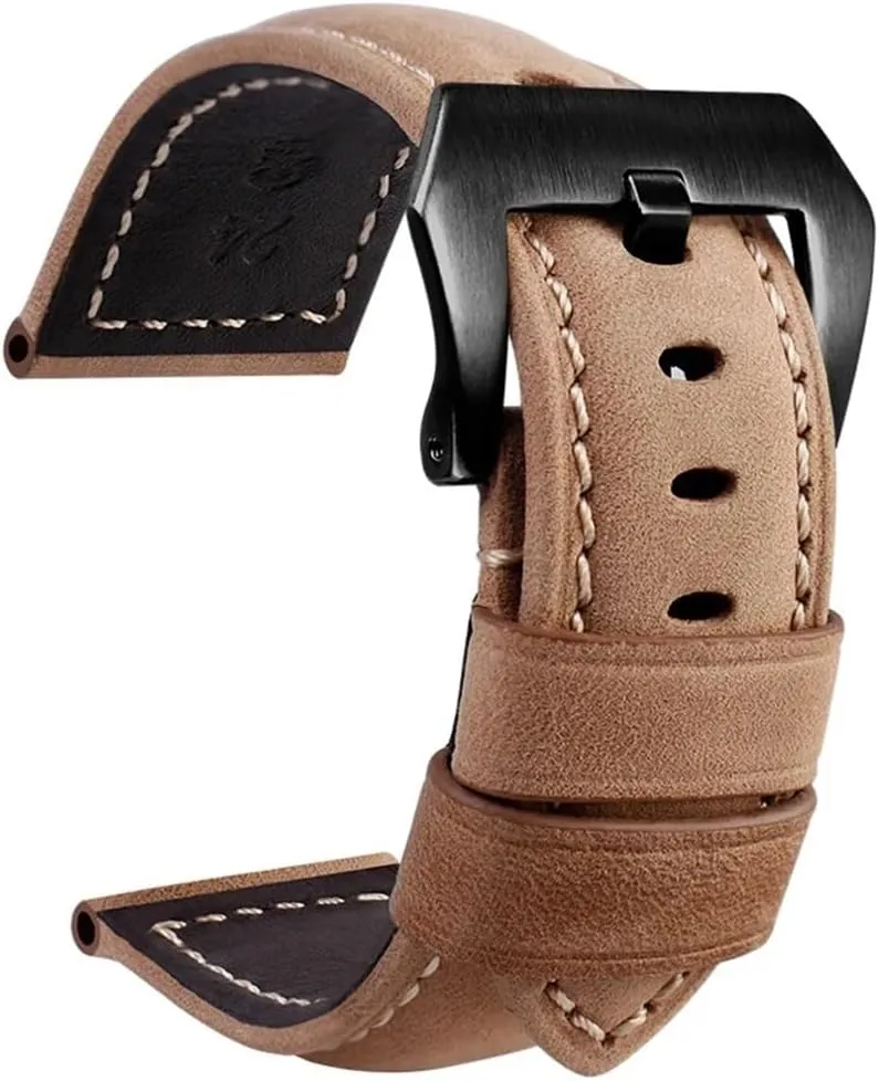 Leather Strap Handmade Crazy Horse flock affair willing resident distress Design Cowhide Watchbands For 20mm 22mm 24mm 26mm Men Band(PAY01 Wine red bk$24mm) Retro Genuine 
