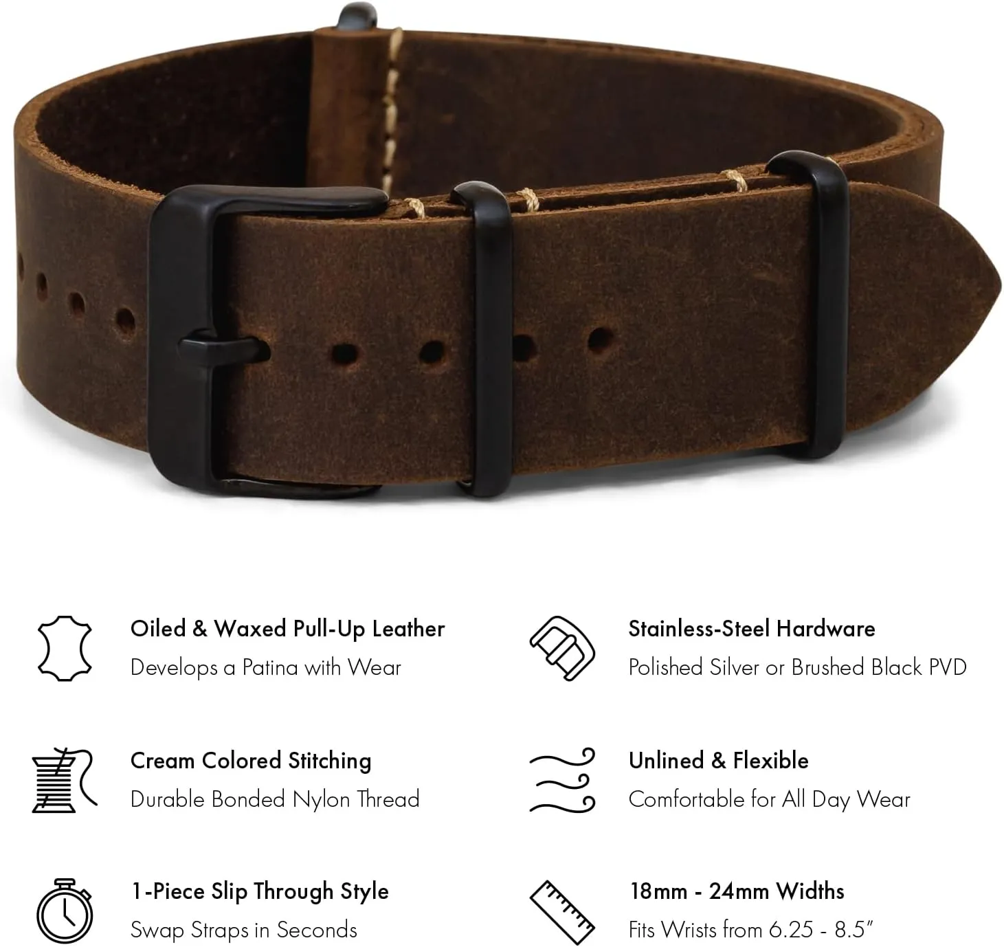 Leather Watch Band - Crazy Horse Oiled Leather One-Piece Watch Straps for Men or Women - 18mm, 20mm, 22mm or 24mm Widths notorious Benchmark 