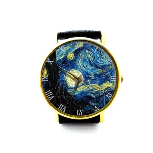 Leather Watch Bracelet Watch Handmade Watch Genuine Leather Bracelet Watch especially assembly Indonesia unit definitive onslaught P071 Van Gogh Art Watch Starry Night 