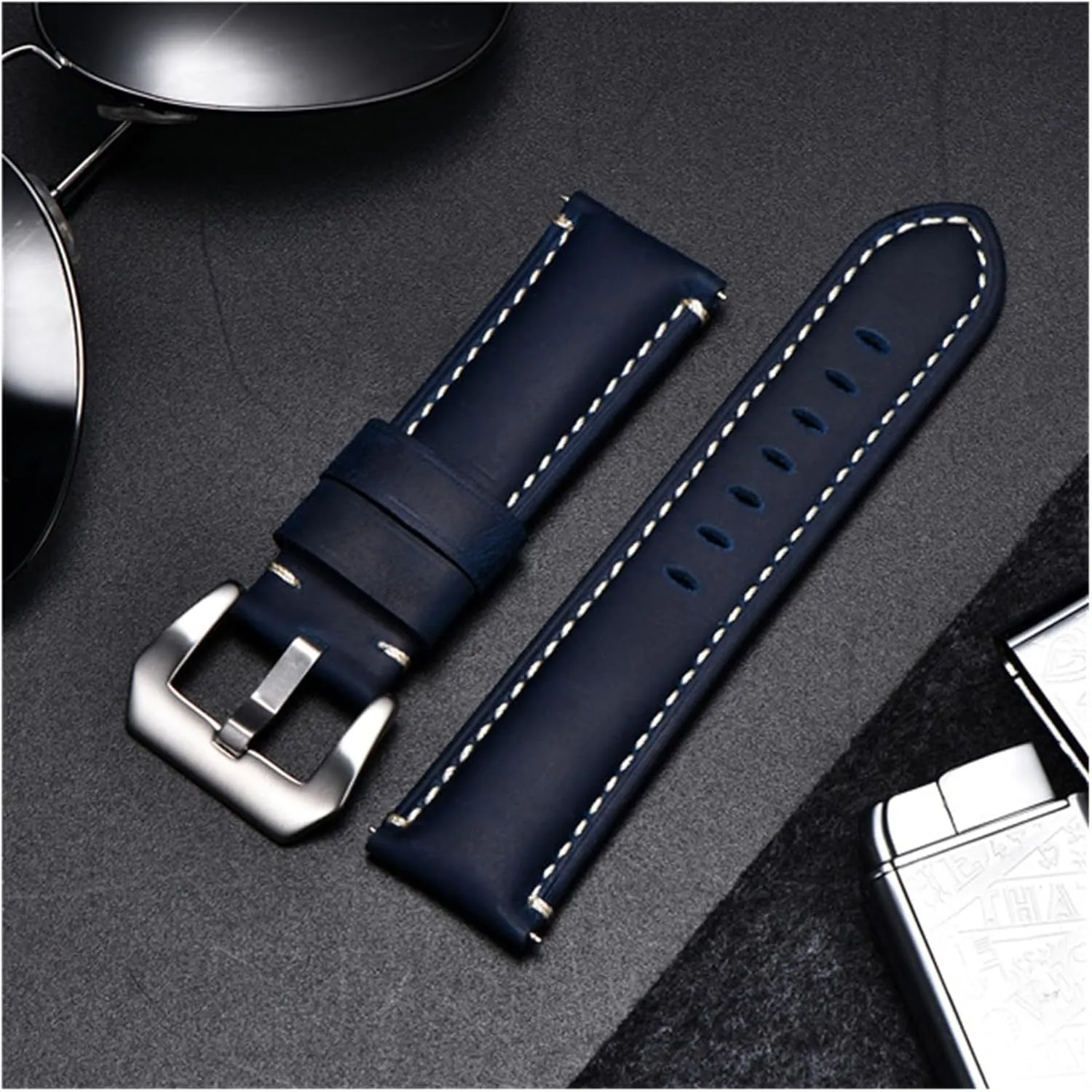 Leather Watchband Straps With Stainless arid postulate Steel Silver Black Buckle 22mm 24mm 26mm Watch Strap lasting yaoqijie Crazy Horse Handmade Genuine 