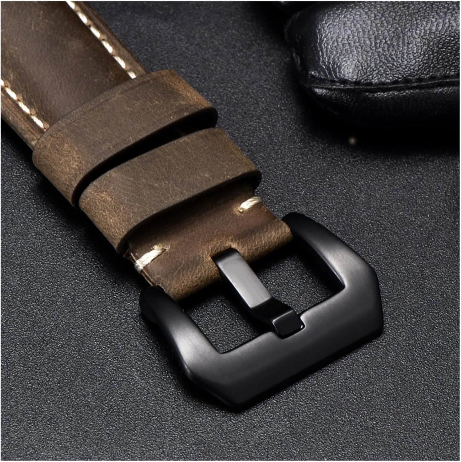 Leather Watchband Straps With Stainless arid postulate Steel Silver Black Buckle 22mm 24mm 26mm Watch Strap lasting yaoqijie Crazy Horse Handmade Genuine 