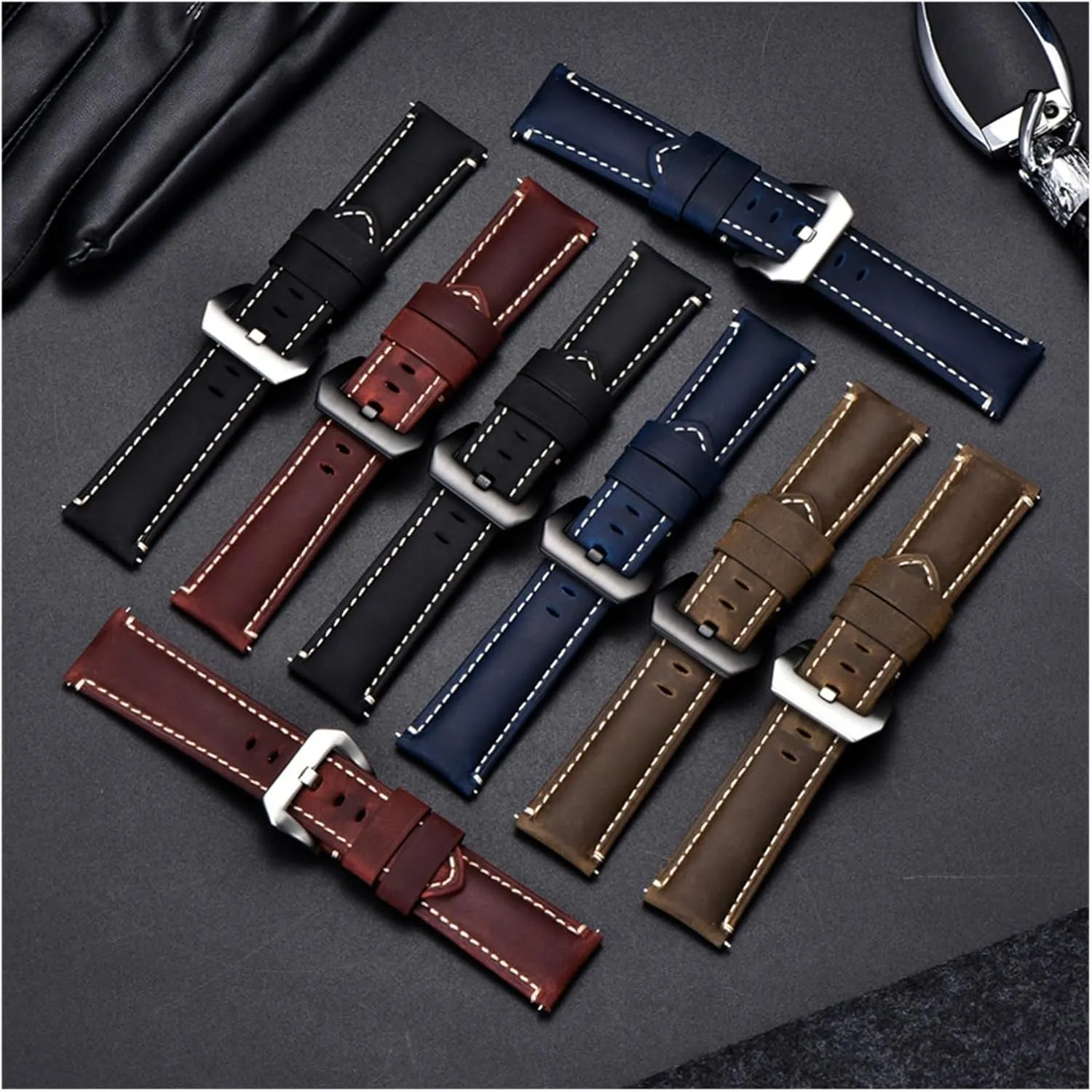 Leather Watchband Straps With Stainless arid postulate Steel Silver Black Buckle 22mm 24mm 26mm Watch Strap lasting yaoqijie Crazy Horse Handmade Genuine 