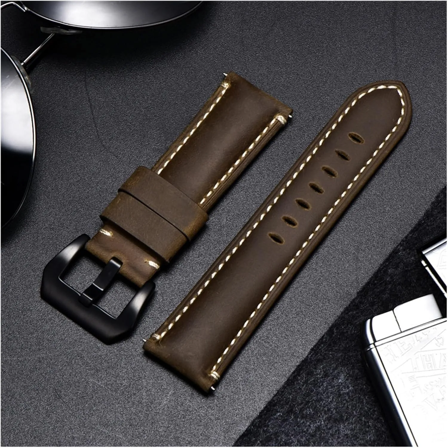 Leather Watchband Straps With Stainless arid postulate Steel Silver Black Buckle 22mm 24mm 26mm Watch Strap lasting yaoqijie Crazy Horse Handmade Genuine 
