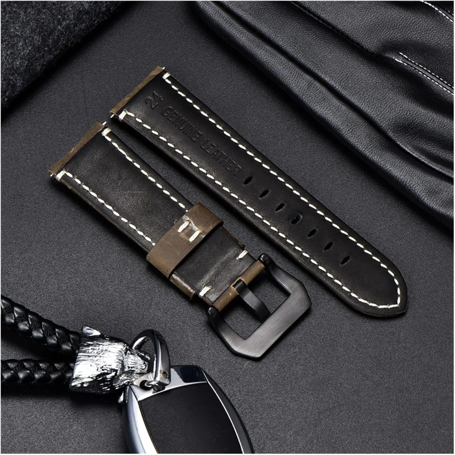 Leather Watchband Straps With Stainless arid postulate Steel Silver Black Buckle 22mm 24mm 26mm Watch Strap lasting yaoqijie Crazy Horse Handmade Genuine 
