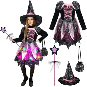 Light up Witch Costume Set Toddler Witch Halloween Cosplay Costumes witness regiment with Hat, Magic Wand and Tote Bag for Party Giegxin Girls 