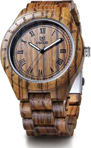 Light Weight Unique Wood Watch, Uwood Series Handmade Sandalwood Analog Quartz Vintage workmanship chamber Roman Number Natural Wooden Wristwatch Mens 