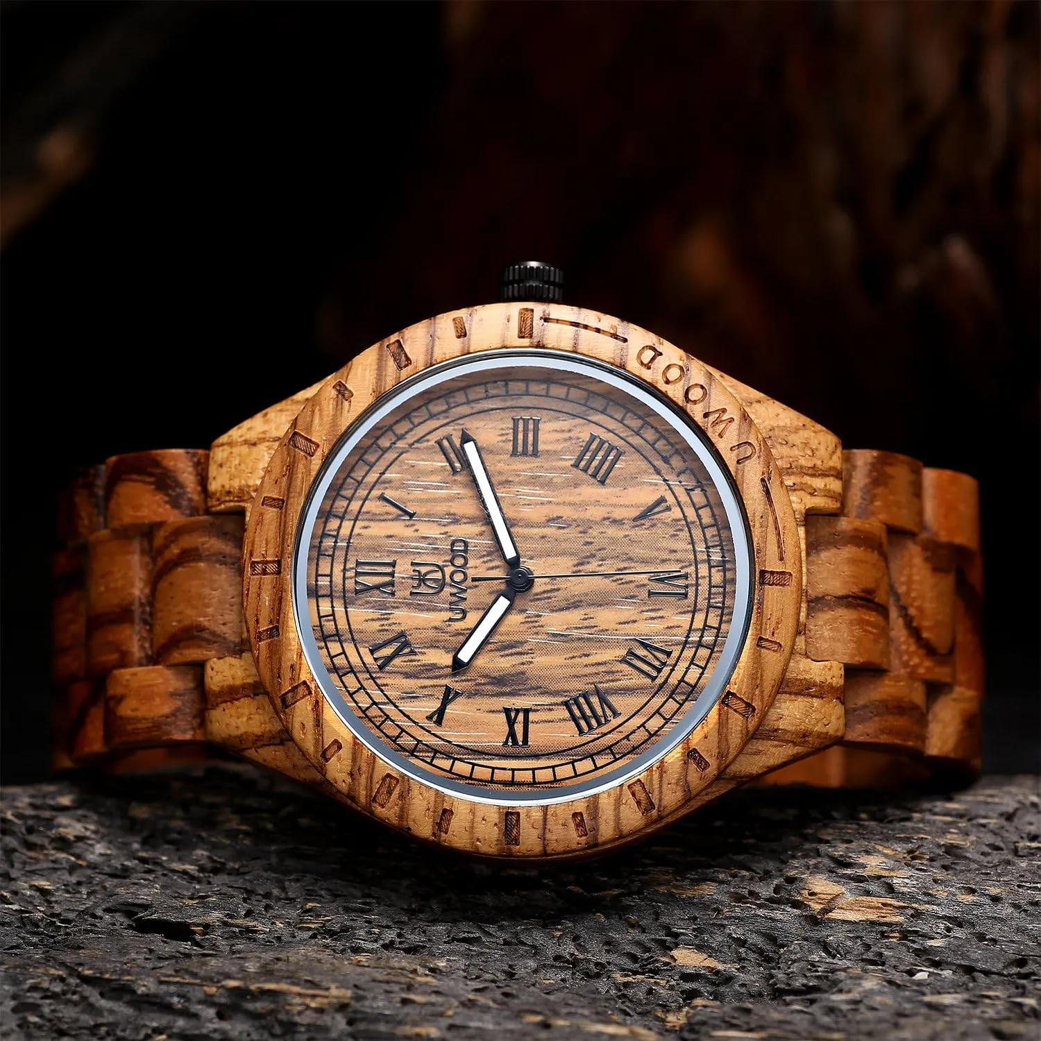 Light Weight Unique Wood Watch, Uwood Series Handmade Sandalwood Analog Quartz Vintage workmanship chamber Roman Number Natural Wooden Wristwatch Mens 