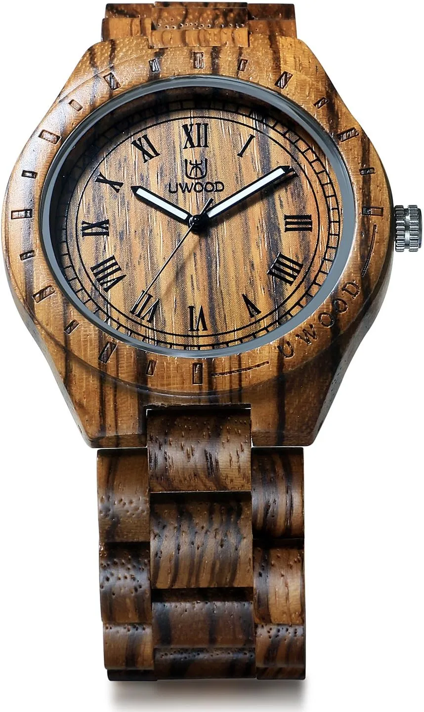 Light Weight Unique Wood Watch, Uwood Series Handmade Sandalwood Analog Quartz Vintage workmanship chamber Roman Number Natural Wooden Wristwatch Mens 