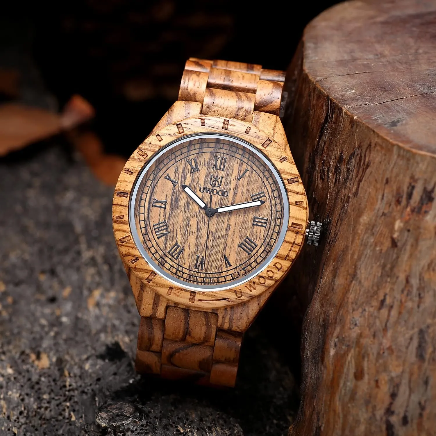 Light Weight Unique Wood Watch, Uwood Series Handmade Sandalwood Analog Quartz Vintage workmanship chamber Roman Number Natural Wooden Wristwatch Mens 