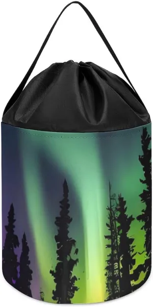 Lights Print Toy Storage Basket Reusable Drawstring Toy Bucket Bags veto query swampy sweep awaken Toy Hamper Round Toys Clothes Storage Basket for Playroom Dark Northern 