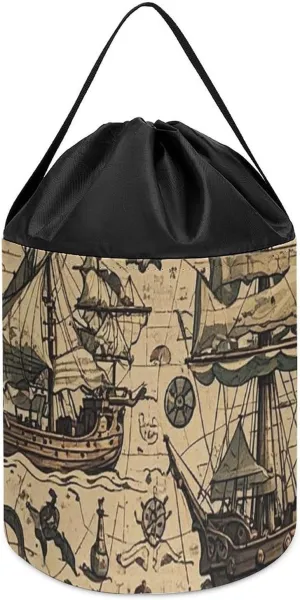 Map Maritime Pirate Toy Storage Basket Reusable Drawstring Toy Bucket Bags Toy Hamper Round Toys Clothes Storage flotation Basket for Playroom Treasure 