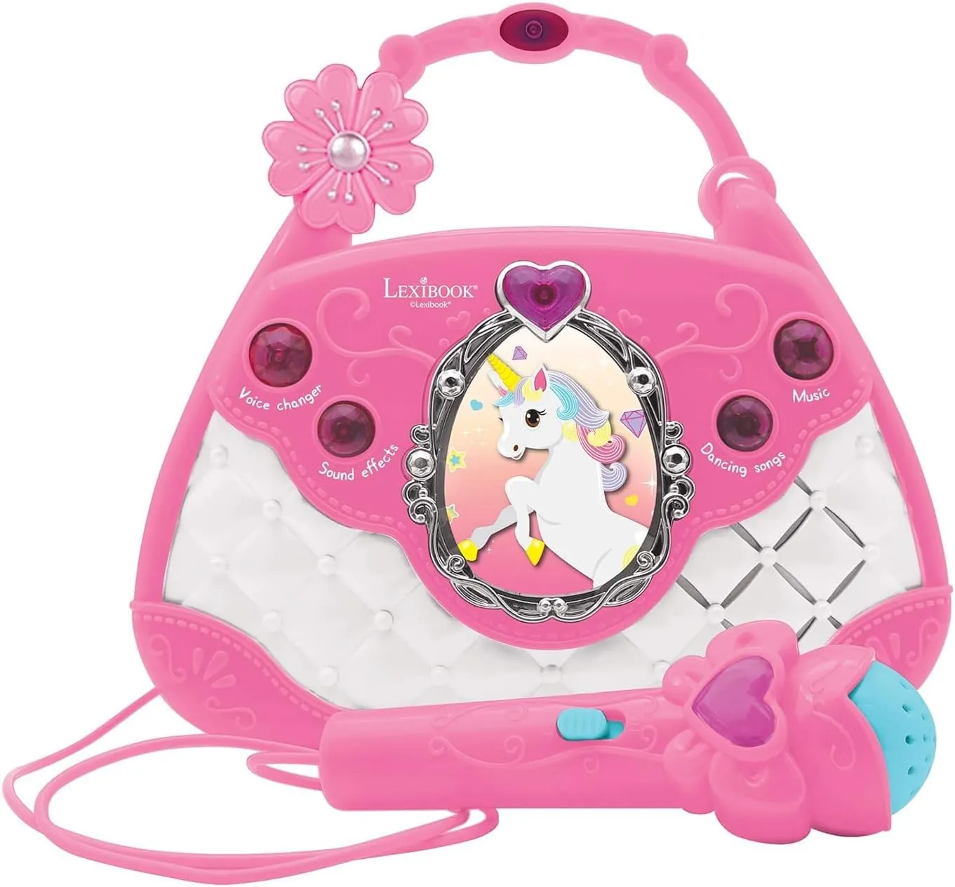 maternal shrink crow realistic precision Microphone$ Voice Changer$ Demo Songs$ Light Effects$ mic Included$ aux-in Input$ Pink/Blue LEXIBOOK K102UNI Unicorn Karaoke Bag with 