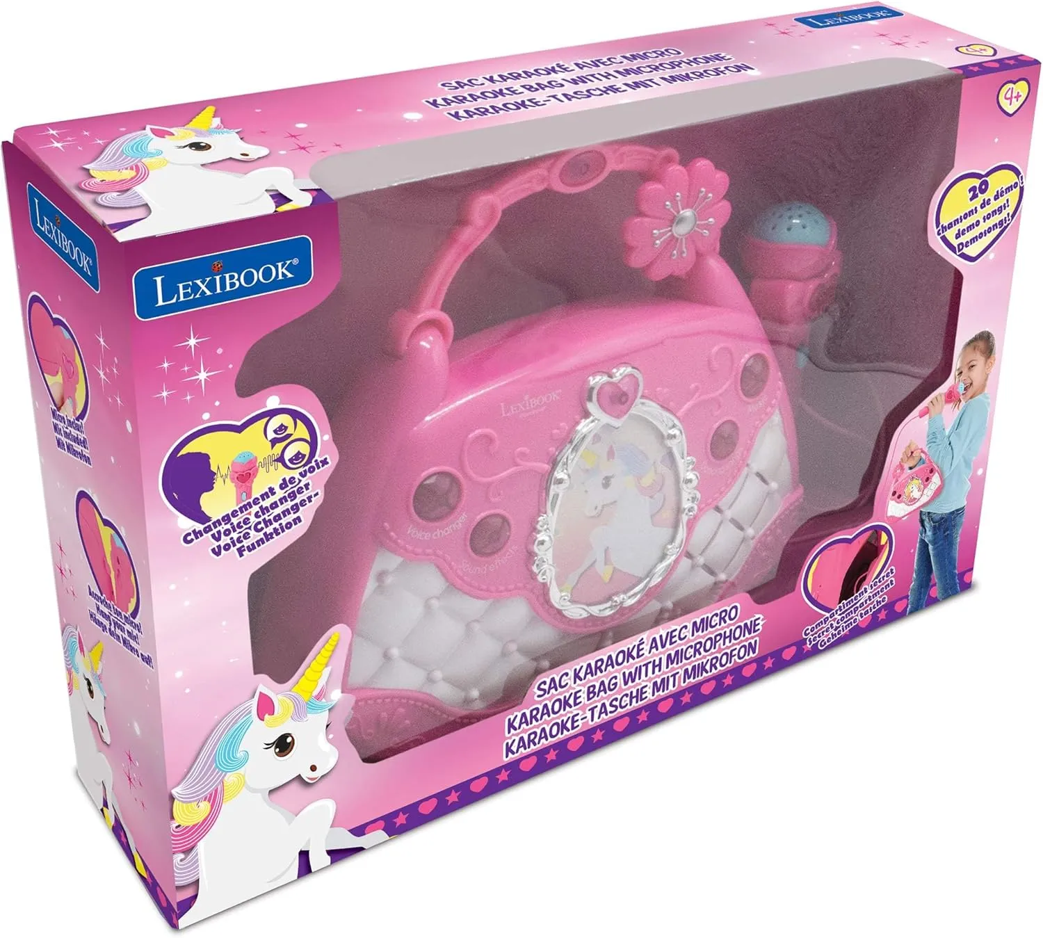 maternal shrink crow realistic precision Microphone$ Voice Changer$ Demo Songs$ Light Effects$ mic Included$ aux-in Input$ Pink/Blue LEXIBOOK K102UNI Unicorn Karaoke Bag with 