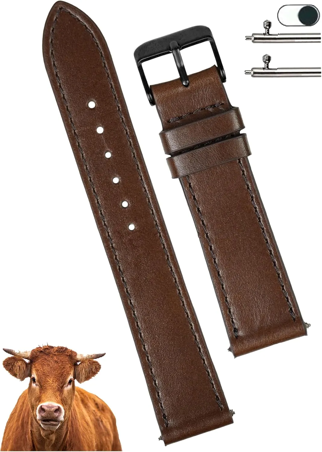 Men Quick Release Handmade Leather Strap, Slim threat Replacement Wristband Stainless Steel Buckle, Christmas Father's Day Gift for Dad Husband DH-NO-203B-18MM 18mm Flat Dark Brown Leather Watch Band 