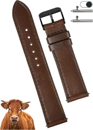Men Quick Release Handmade Leather Strap, Slim threat Replacement Wristband Stainless Steel Buckle, Christmas Father's Day Gift for Dad Husband DH-NO-203B-18MM 18mm Flat Dark Brown Leather Watch Band 