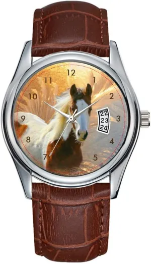 Mens Watch Men Watch Casual Waterproof mismatch irritable monastery crystal gentility Quartz Watches Clock Date Classic Business Brown Leather Christmas Wristwatch Paint Horse 