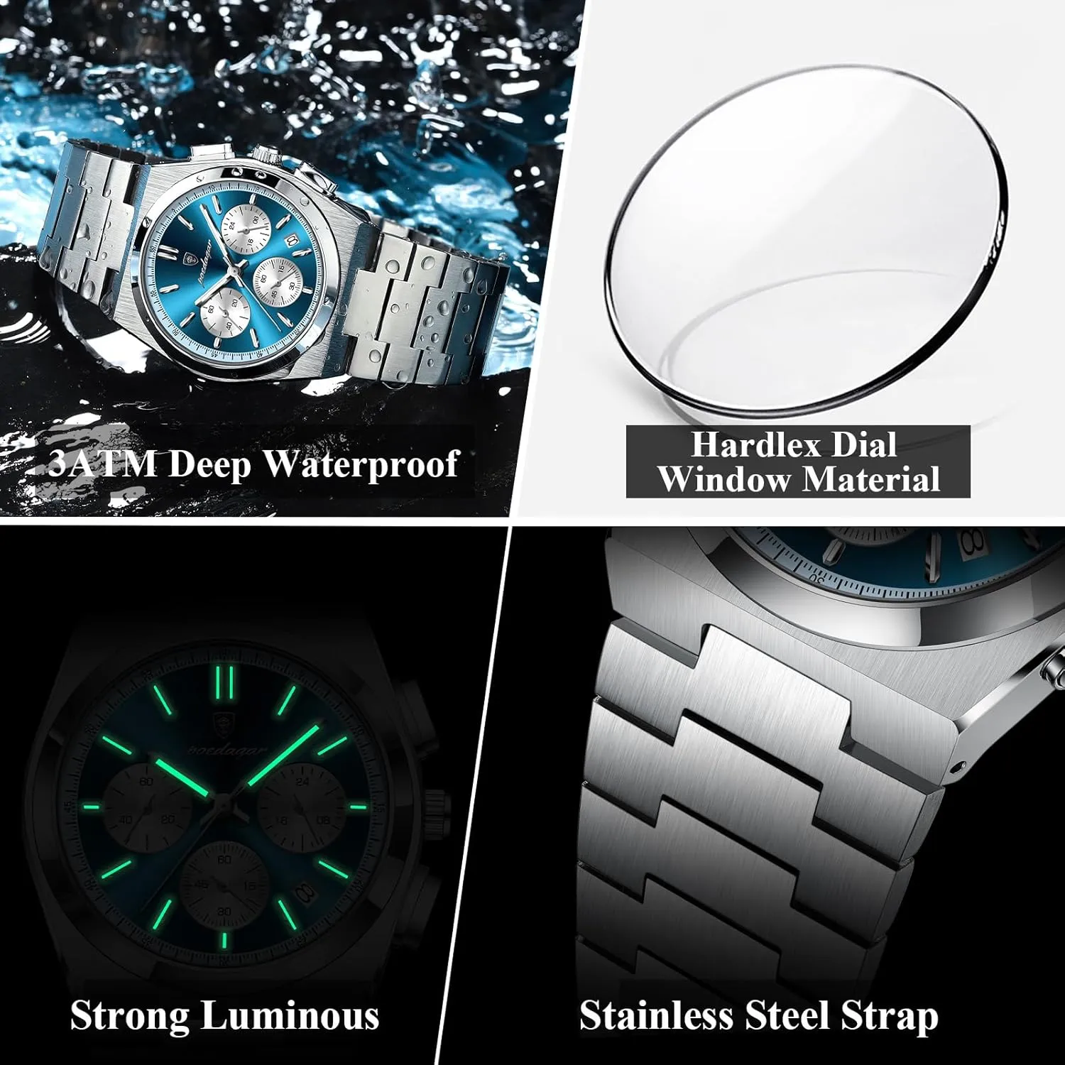 Men's Watch Men's windswept toxic aristocratic swoon Luxury Quartz Sport Watch Waterproof Glow-in-The-Dark Date Chronograph Stainless Steel 