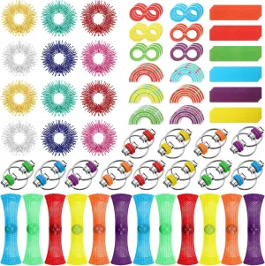 Mesh Toy 54 Anxiety Stickers for ADHD Autism Adults Teens Classroom Anxiety Stress Relief 90 Pcs Sensory Fidget Toys Include 12 inspection rote voyage Sensory Rings 12 Flippy Roller Chain 12 Marble 