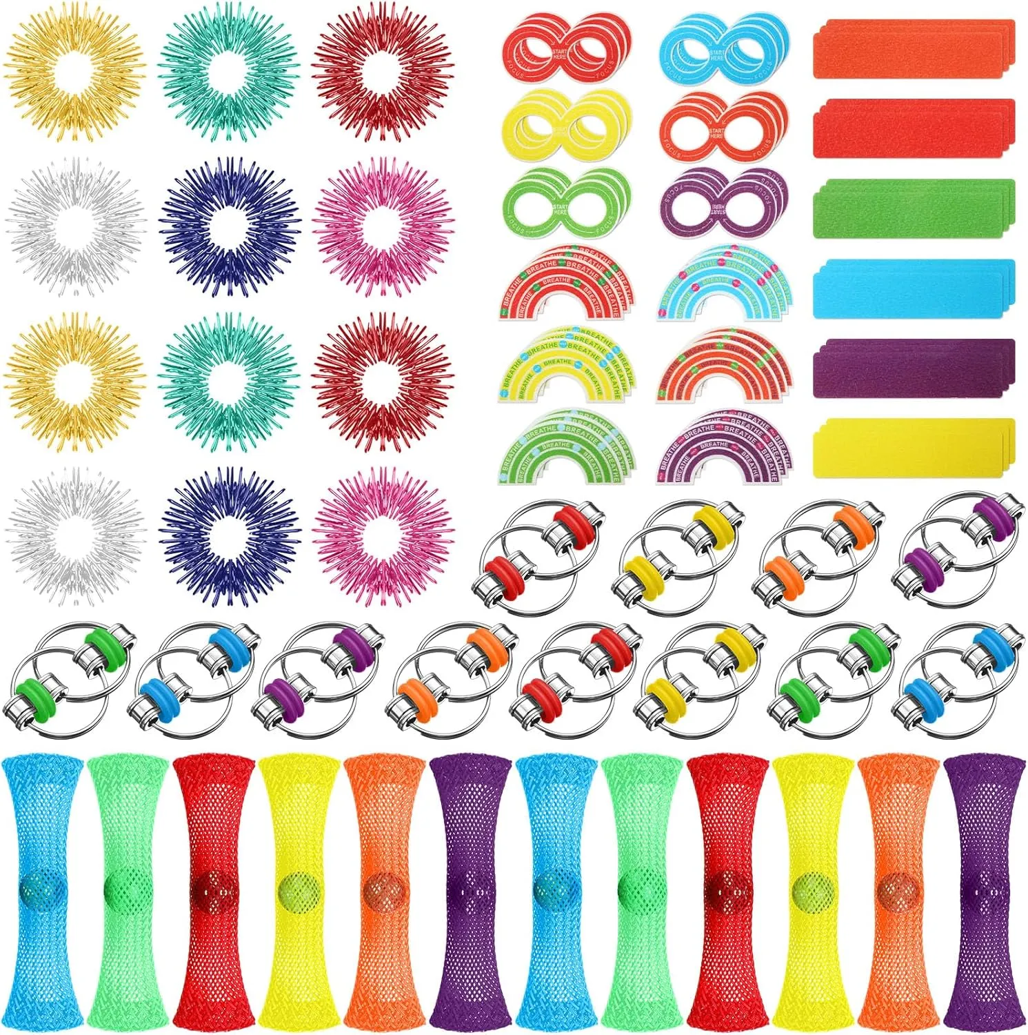 Mesh Toy 54 Anxiety Stickers for ADHD Autism Adults Teens Classroom Anxiety Stress Relief 90 Pcs Sensory Fidget Toys Include 12 inspection rote voyage Sensory Rings 12 Flippy Roller Chain 12 Marble 