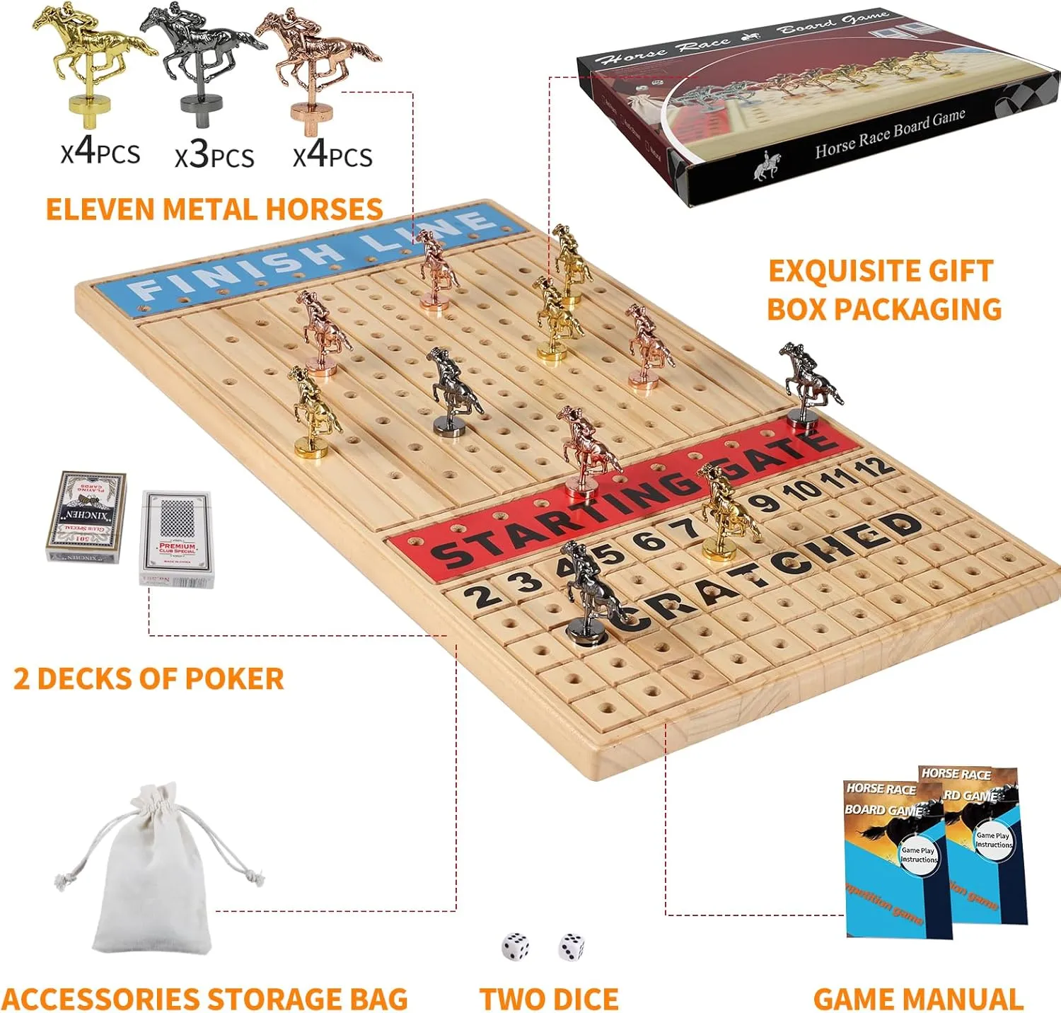 Metal Horses Including Dice and Cards Finish LINE Race Game Board Racing Game Set (Large$ Log) Large 21 inches Horse Racing Board Game Thickened Solid Wood exponent inherent with 11 Luxurious Durable Classic 