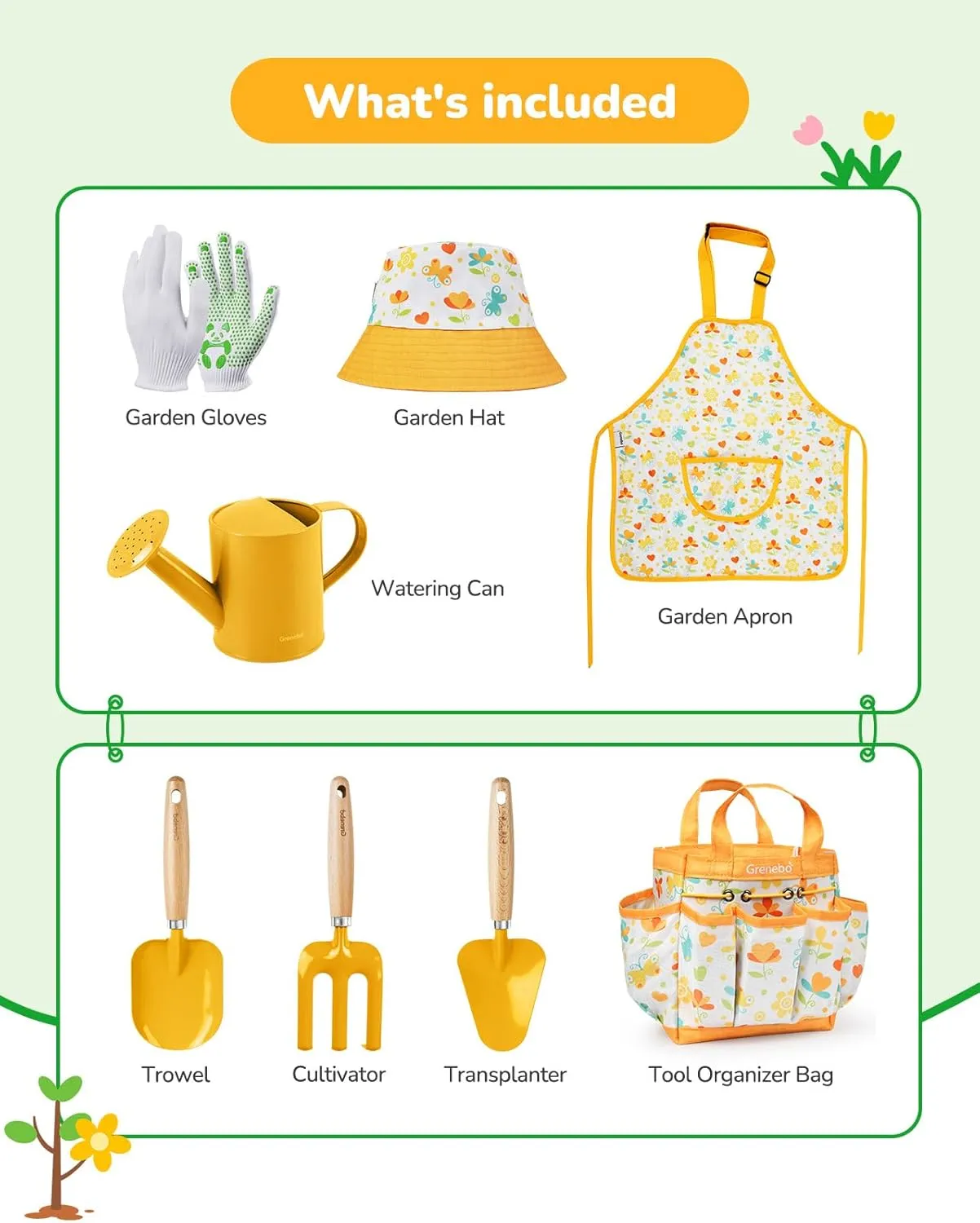 Metal Trowel,Transplanting Shovel,Garden hat,Rake,Apron,Gloves,Watering Can,and Tool Organizer Bag (E-Yellow) sake activate Kids Gardening Set Toys,Includes 