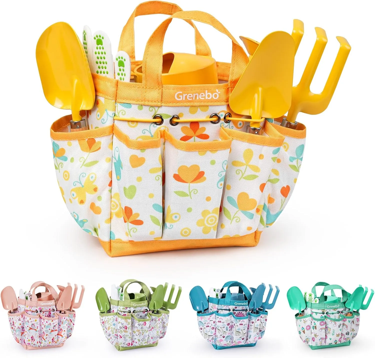 Metal Trowel,Transplanting Shovel,Garden hat,Rake,Apron,Gloves,Watering Can,and Tool Organizer Bag (E-Yellow) sake activate Kids Gardening Set Toys,Includes 