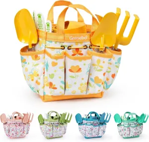 Metal Trowel,Transplanting Shovel,Garden hat,Rake,Apron,Gloves,Watering Can,and Tool Organizer Bag (E-Yellow) sake activate Kids Gardening Set Toys,Includes 