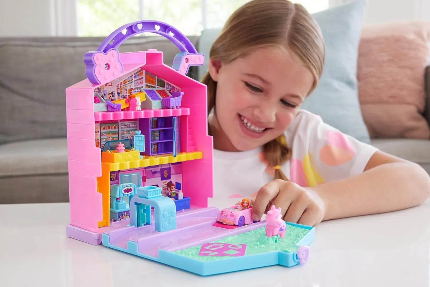 Micro Dolls, 12 Accessories grocery Include Toy Car & Pet Polly Pocket Pollyville Fresh Market Dolls & Playset, Food Toy with 2 