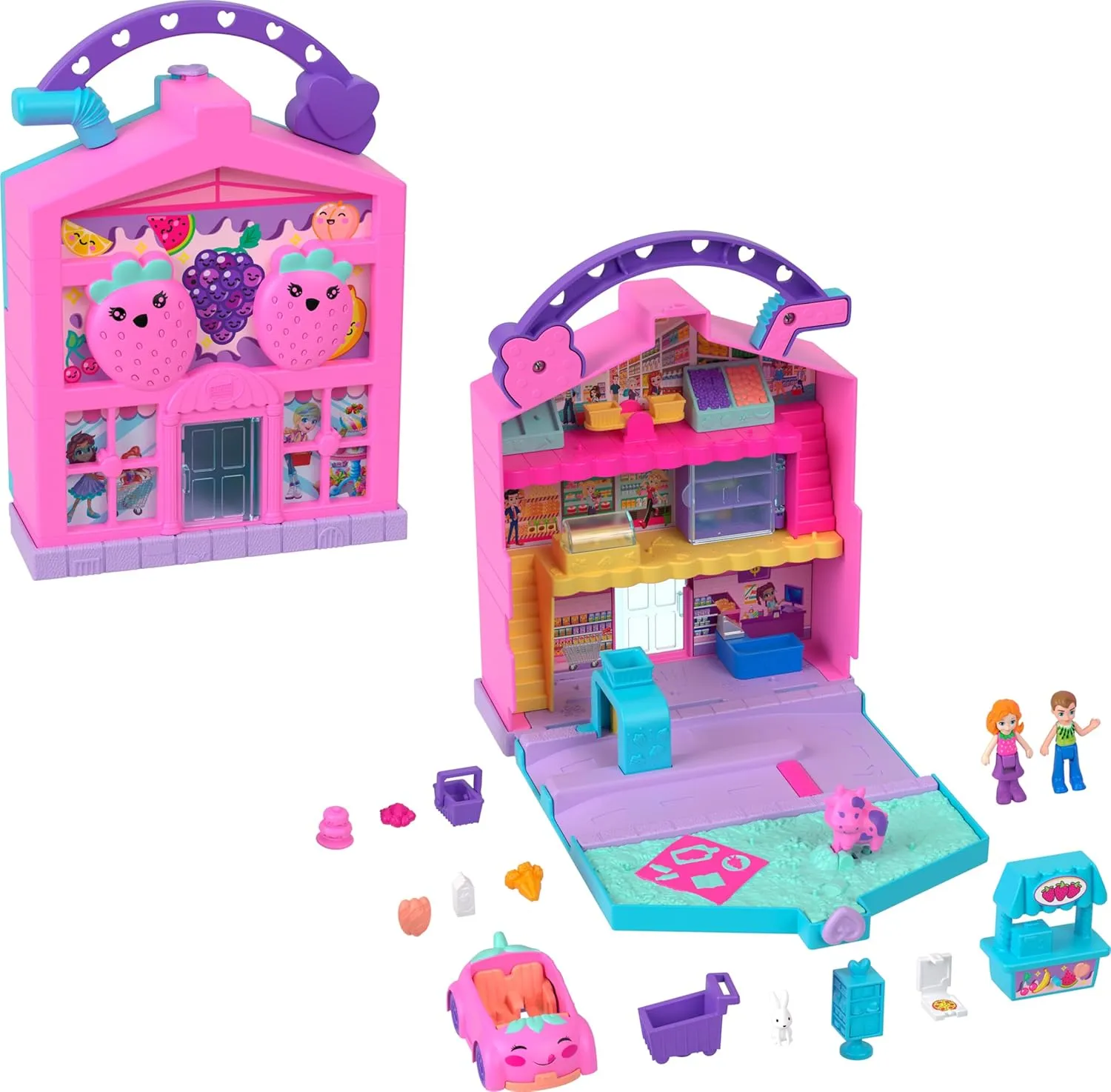 Micro Dolls, 12 Accessories grocery Include Toy Car & Pet Polly Pocket Pollyville Fresh Market Dolls & Playset, Food Toy with 2 