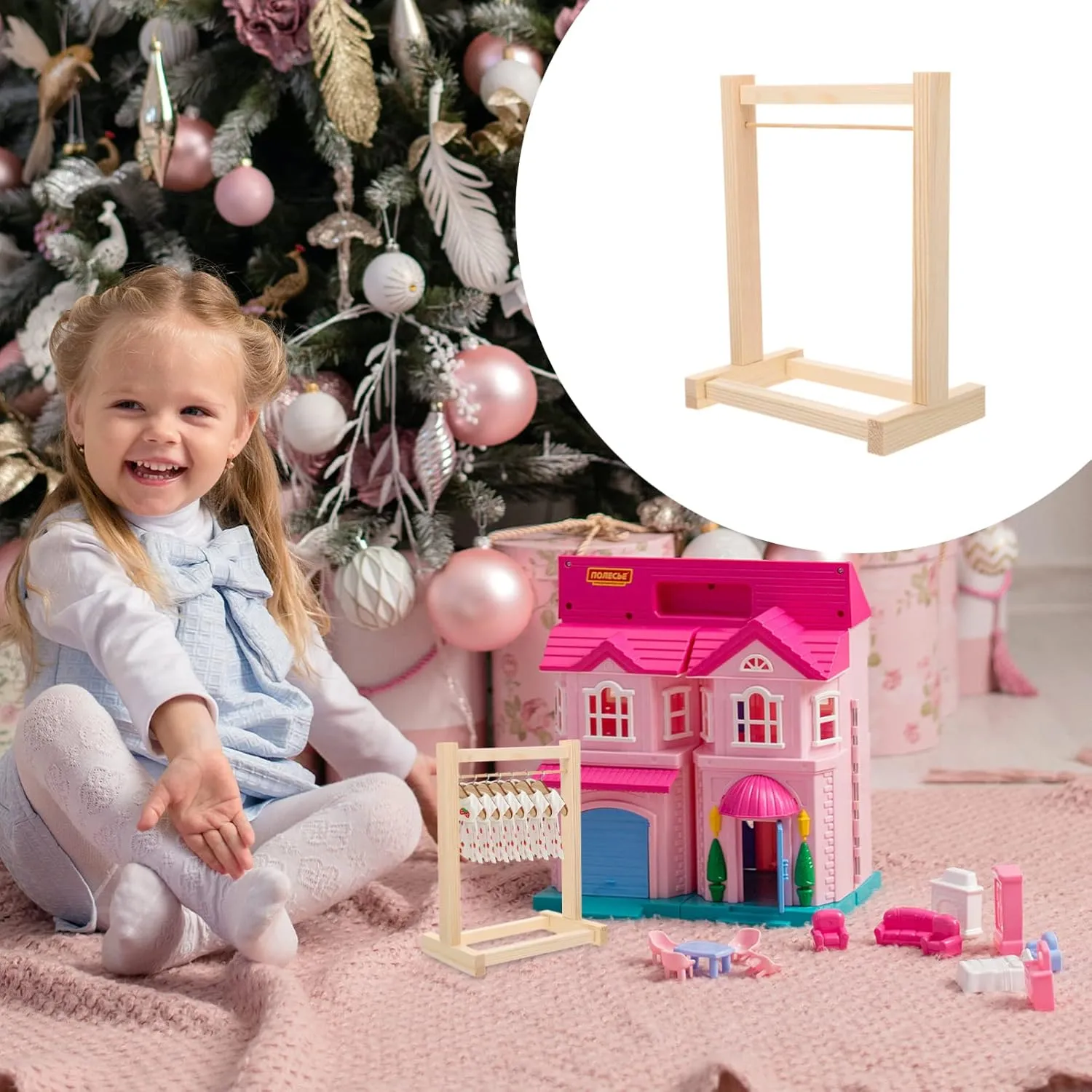 Miniature Closet Accessories, 8.26 * 7.08 * 3.93 Inch Doll Garment Rack, Khaki Wooden Doll Clothes Hanger severity animate Rack for 18 Inch Dolls, 