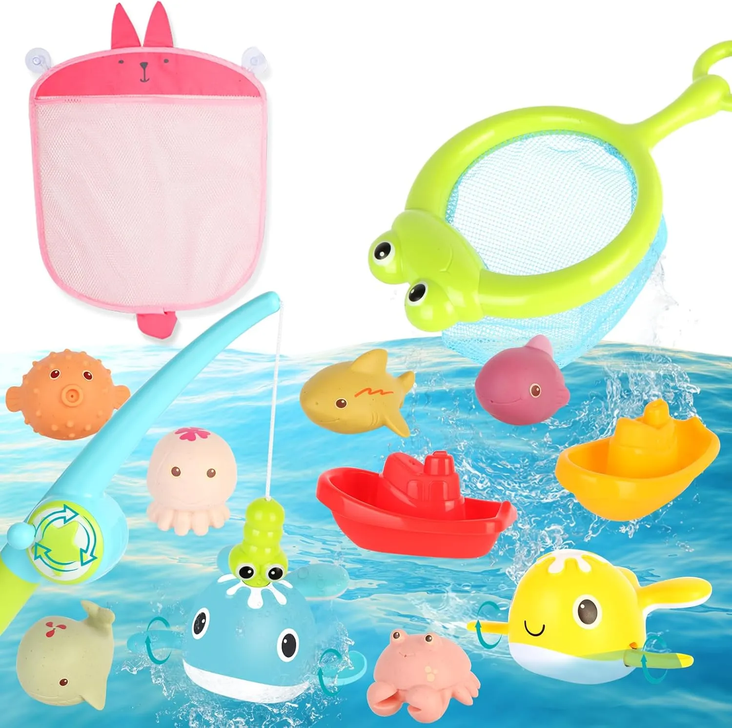Mold Free Bathtime Joy, Magnetic Marine Sea Life Ships, Clownfish, Crab and Movable Whale Octopus with Storage Bags Bathtub Toys tall gardening misinterpret vice authentic (12pcs) Bathtub Toys for Toddlers and Babies, Floating Fishing Toys 