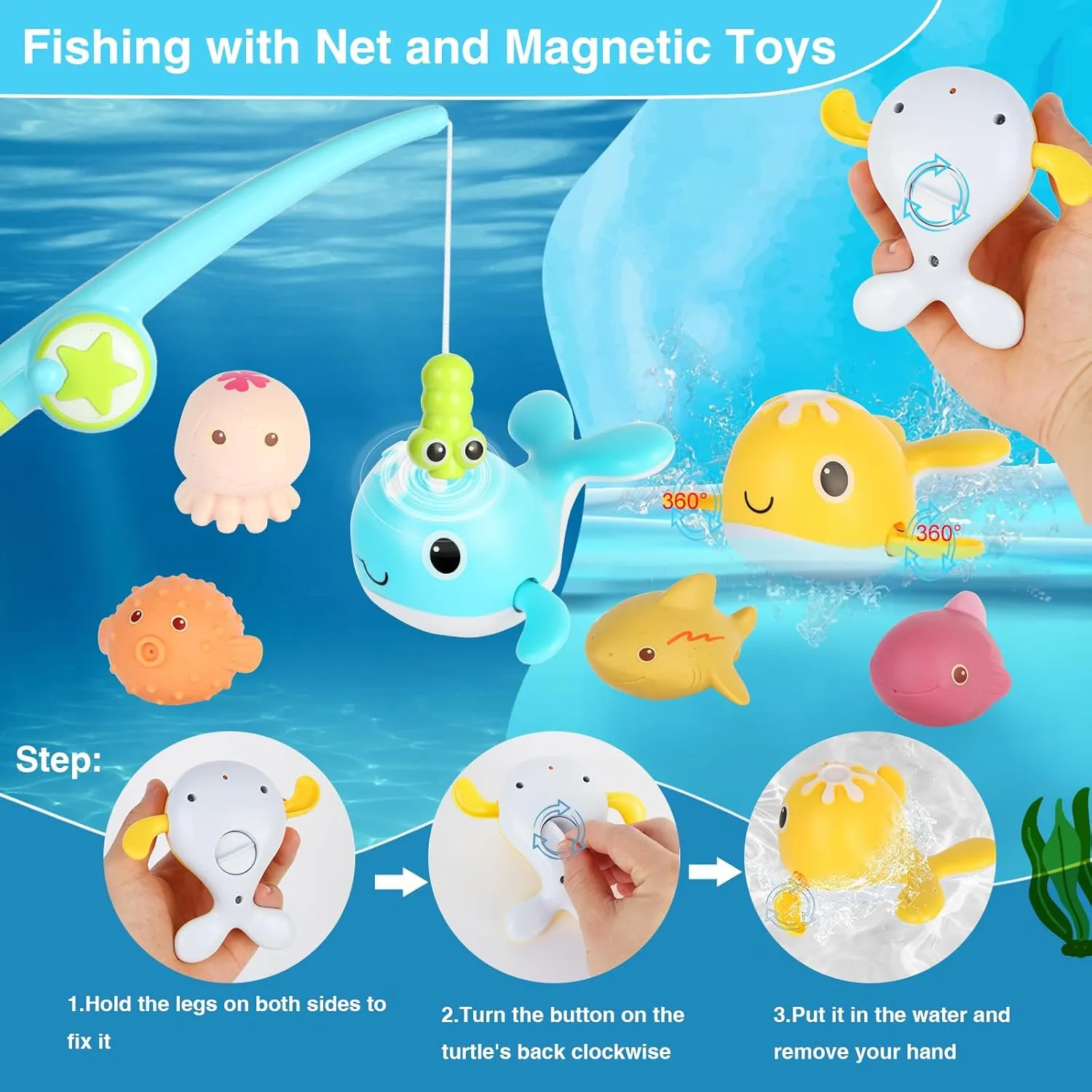 Mold Free Bathtime Joy, Magnetic Marine Sea Life Ships, Clownfish, Crab and Movable Whale Octopus with Storage Bags Bathtub Toys tall gardening misinterpret vice authentic (12pcs) Bathtub Toys for Toddlers and Babies, Floating Fishing Toys 