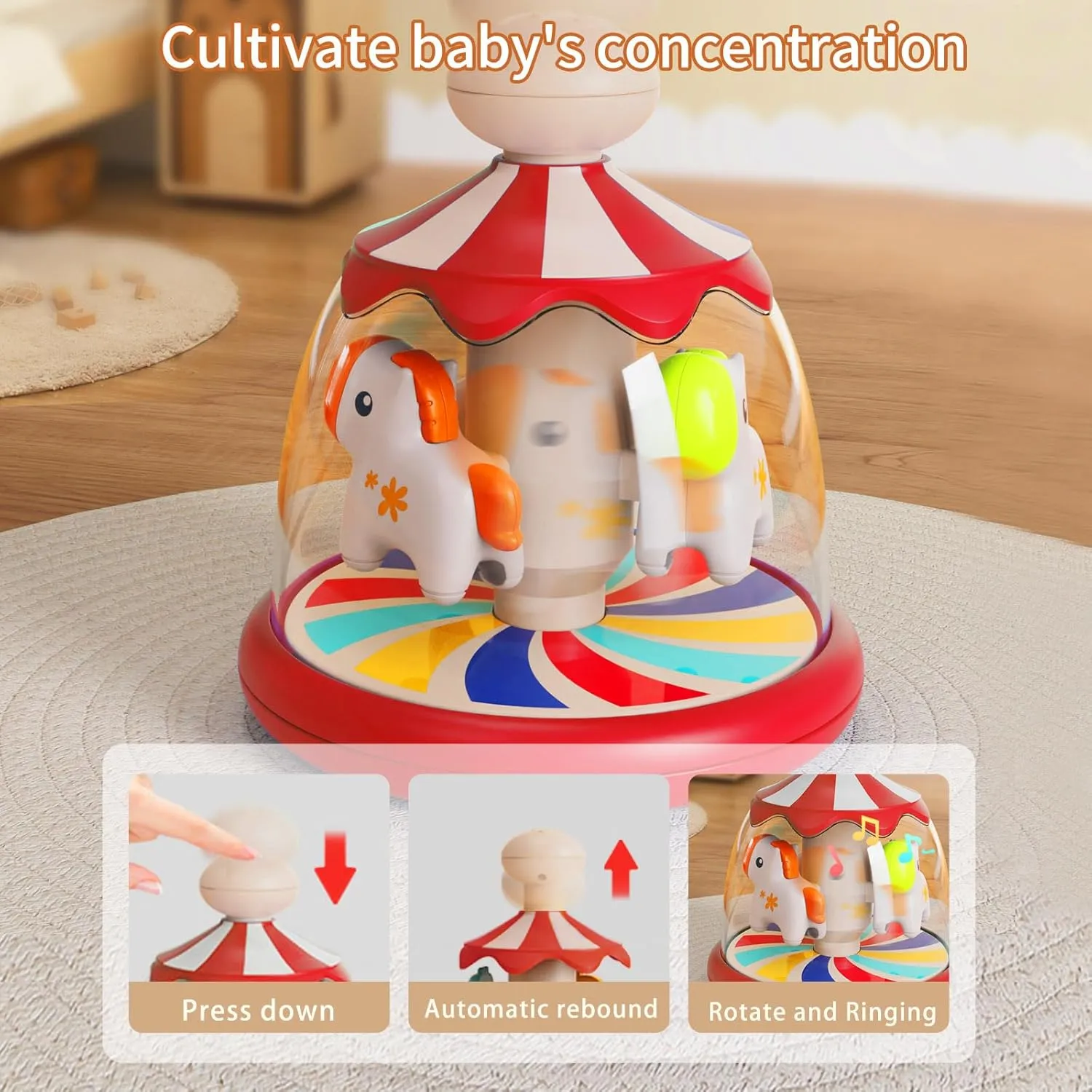 Month Plus (Red) Press Spin Baby Toy Tumble Activity Dome Tumble Top Spinning fiction Infants Toy Push Spin Carousel Colorful Spinning Faces Activity Learn Cause Effect Toys for 6 