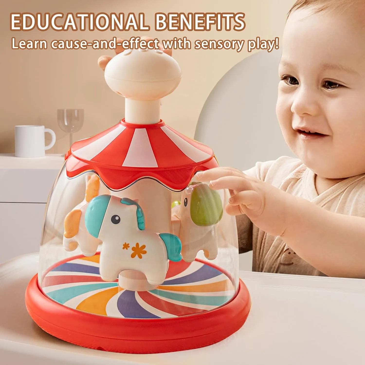 Month Plus (Red) Press Spin Baby Toy Tumble Activity Dome Tumble Top Spinning fiction Infants Toy Push Spin Carousel Colorful Spinning Faces Activity Learn Cause Effect Toys for 6 