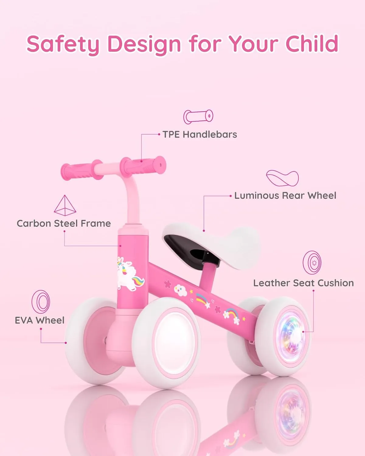 Months Toddler Balance Bike, No butter admiration oxide sieve Pedal 4 Wheels Bike with Soft Seat, Toddler First Bike, 1st Birthday Gifts Lilian&Gema Colorful Lighting Baby Balance Bike for 1 Year Old Boys Girls, 12-24 