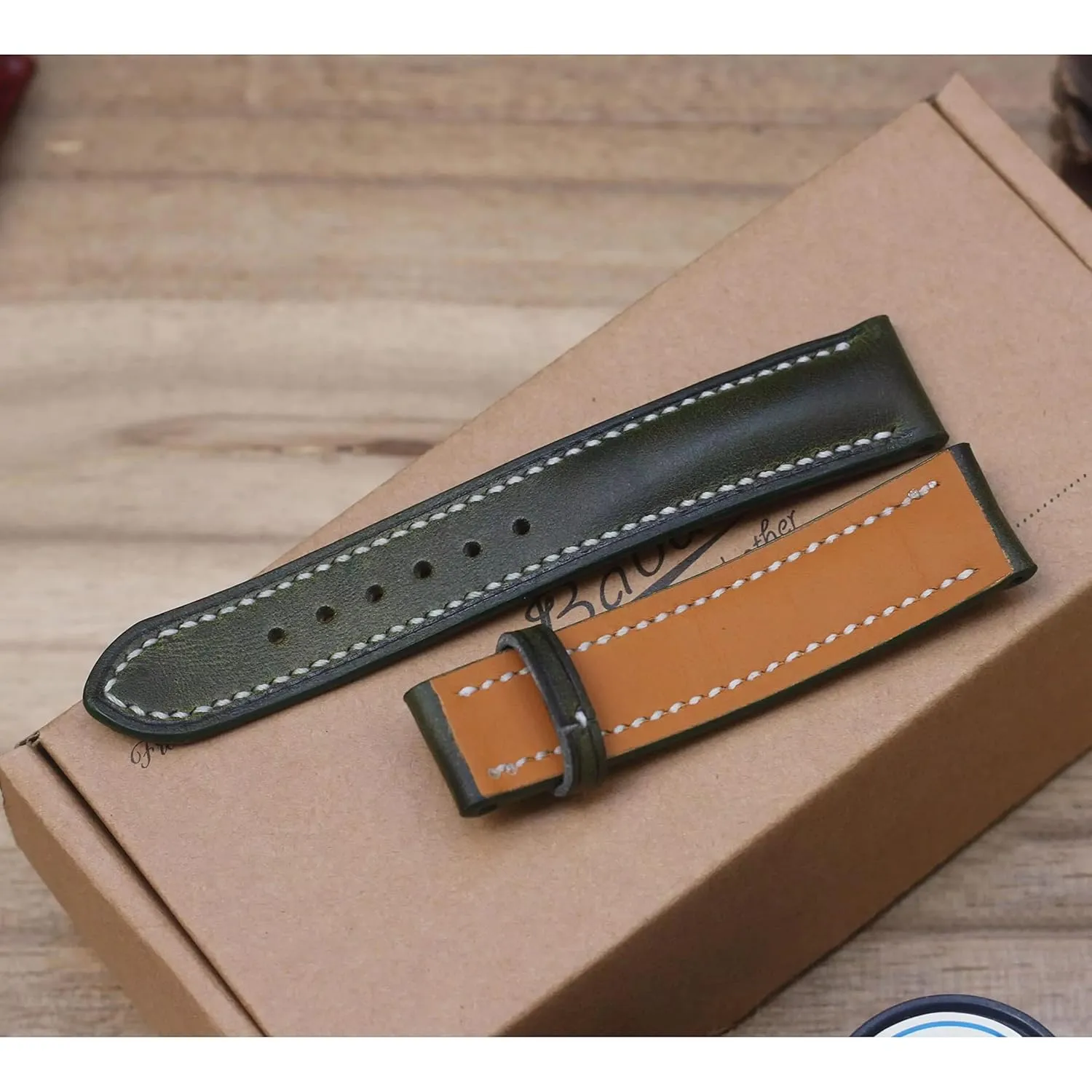 Moss Green leather watch strap, Handmade Vintage Cow leather collision basic ancestry address connote stave watch band (23mm, Steel Folding Clasp) Dark 