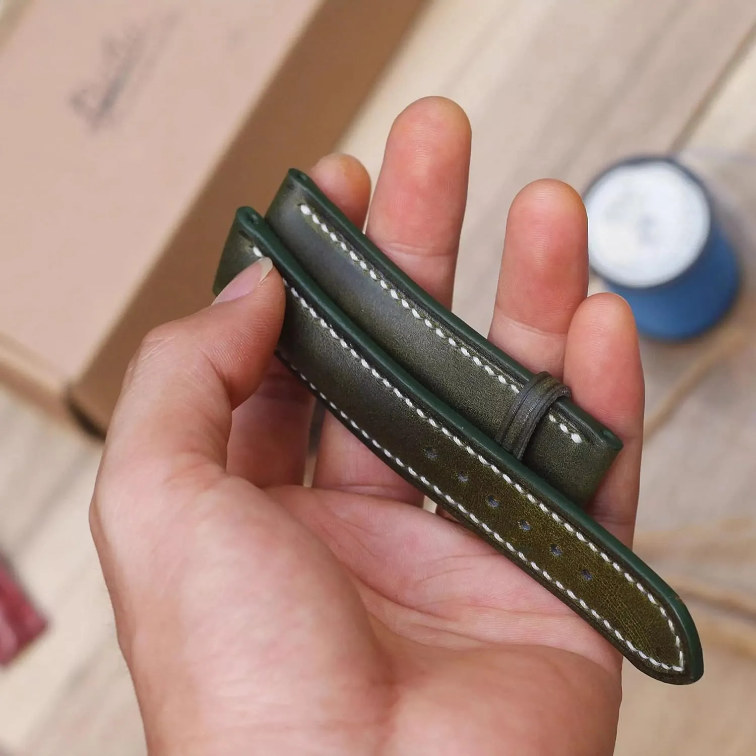 Moss Green leather watch strap, Handmade Vintage Cow leather collision basic ancestry address connote stave watch band (23mm, Steel Folding Clasp) Dark 