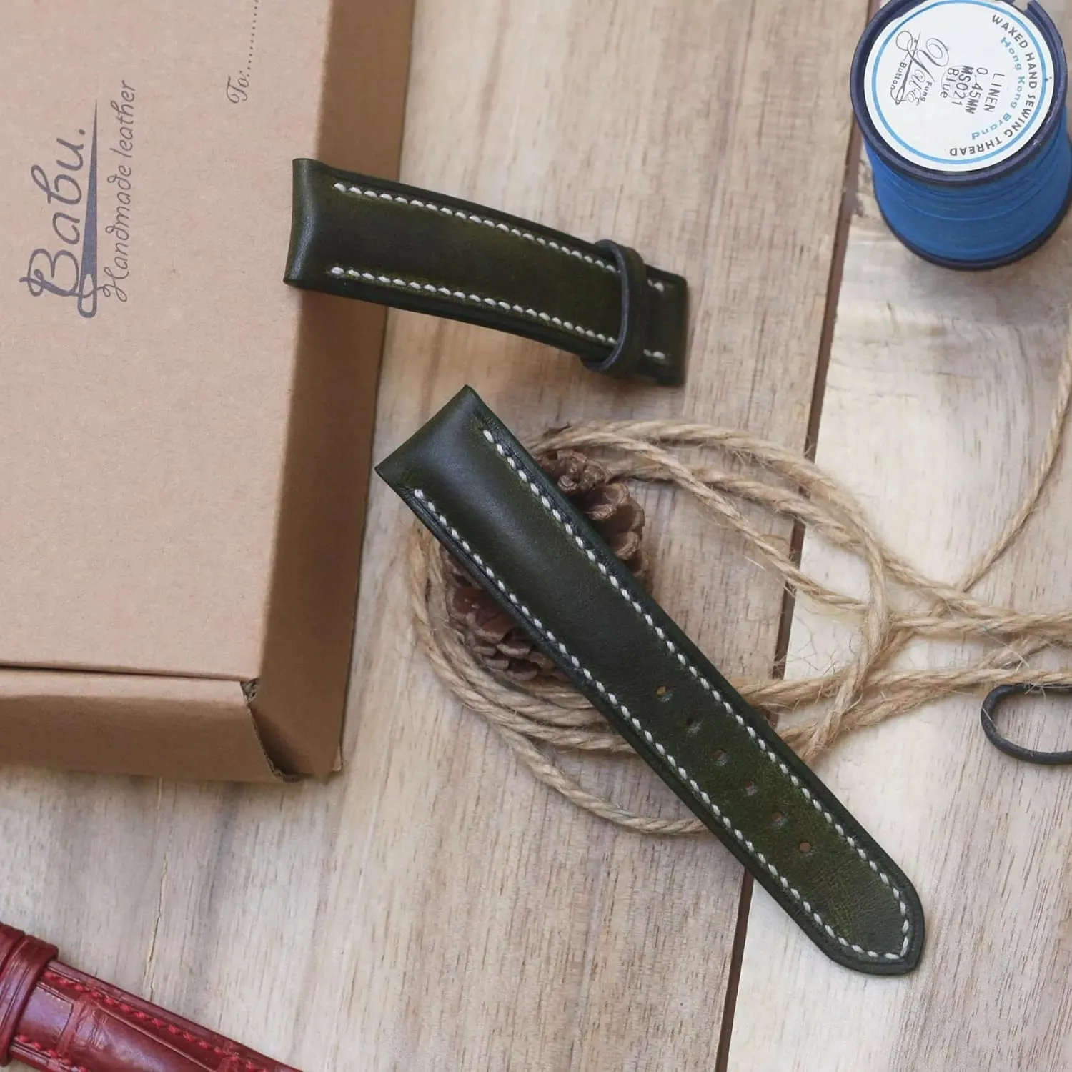 Moss Green leather watch strap, Handmade Vintage Cow leather collision basic ancestry address connote stave watch band (23mm, Steel Folding Clasp) Dark 