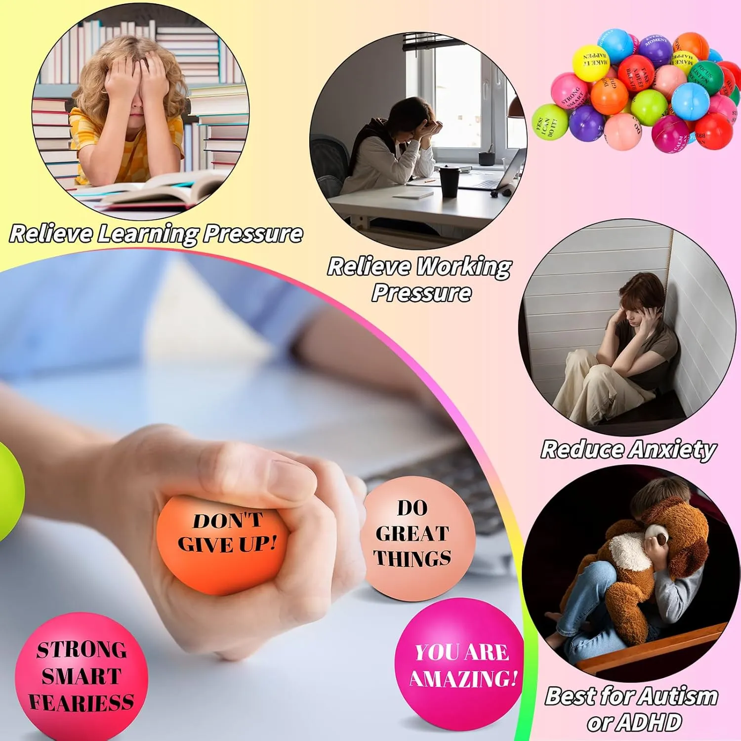 Motivational Stress Balls 2 Inch Inspirational Stress Relief Ball Bulk Hand Exercise Balls Encouraging Colorful Foam Balls Anxiety Small Balls with Quotes for Kids Adults Teens, 12 grading Styles 96 Pieces 